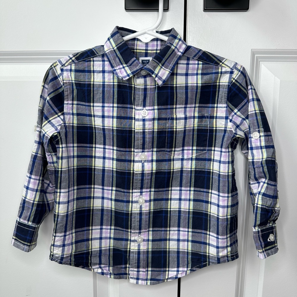 Janie and Jack Boys Navy Plaid Roll-Cuff Madras Shirt (Size 18-24 Months)